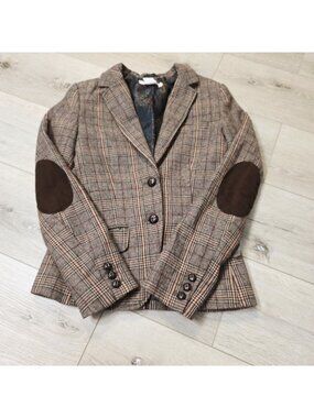 H&M L.O.G.G. Plaid Tweed Blazer Elbow Patch Wool Blend Academia Preppy Sz 2